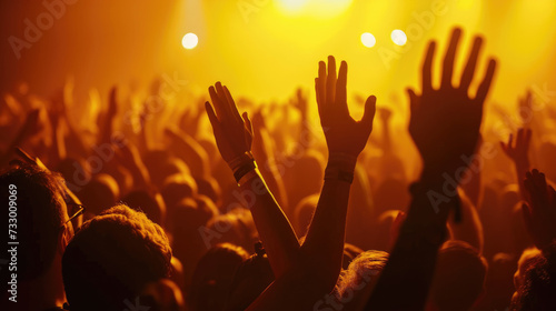 Silhouettes of the raised hands of a concert audience in front of the bright stage lights. Background for design.