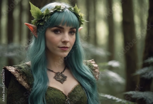 Elf girl dressed in a cape and with a wreath on her head in the forest. Fantasy elf from the forest. Beautiful fantasy woman.