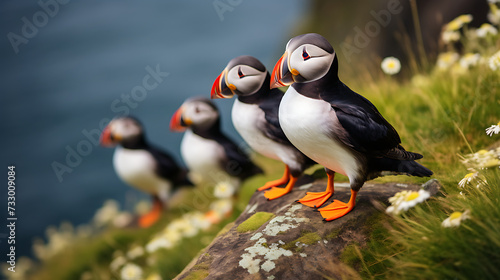 Puffins perched on cliffs.