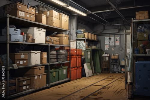 cardboard boxes on shelves in storage room