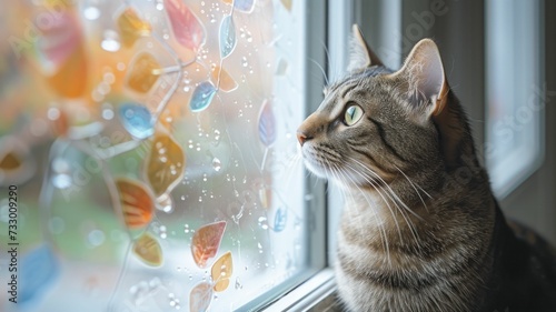 tabby cat near window with sorbet spring color stained glass patterns
