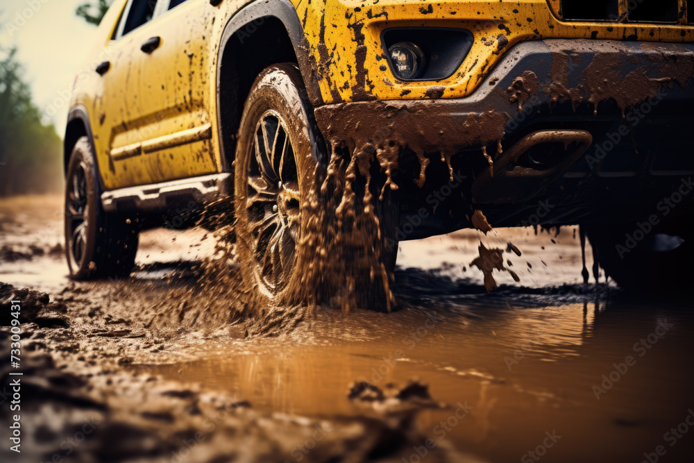 Wheels off road or 4WD car in mud splash