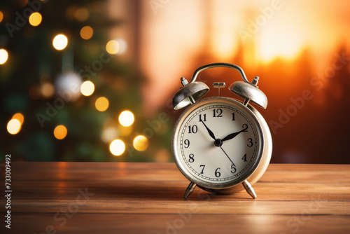 Retro alarm clock on holiday lights bokeh background