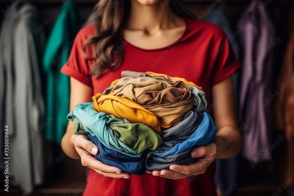 
a European woman holds a lot of colored clothes in her hands for washing in the laundry or recycling. children's or adult clothing from the wardrobe. wash and iron your favorite clothes. a woman is a