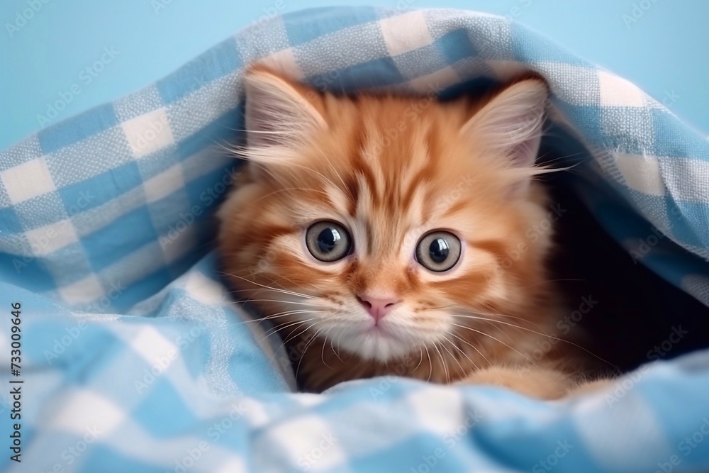a cute red kitten on a blue background is wrapped in a beige plaid. A fluffy kitten looks into the camera on a blue background, top view a cute red kitten on a blue background is wrapped in a beige plaid. A fluffy kitten looks into the camera on a blue background, top view