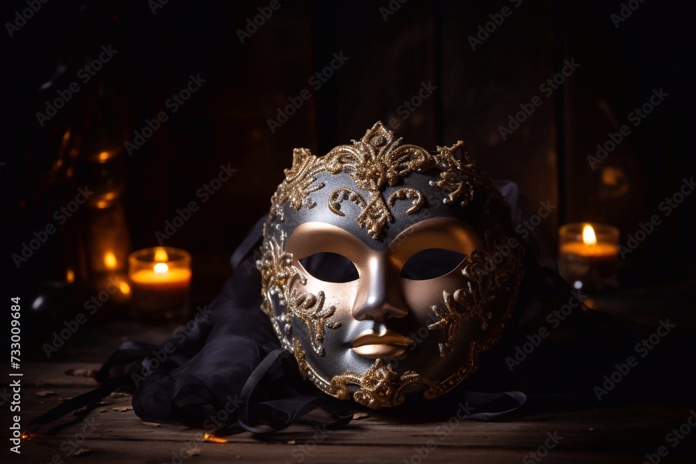 
A portrait of a venetian mask on a wooden table put into the spotlight in the surrounding darkness. The perfect prop to take to a costumed ball or halloween party