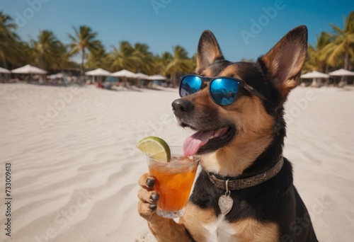 White dog wearing sunglasses relaxes on the beach next to a tropical drink © Василенко Татьяна