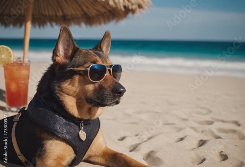 White dog wearing sunglasses relaxes on the beach next to a tropical drink © Василенко Татьяна