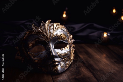 A portrait of a venetian mask on a wooden table put into the spotlight in the surrounding darkness. The perfect prop to take to a costumed ball or halloween party