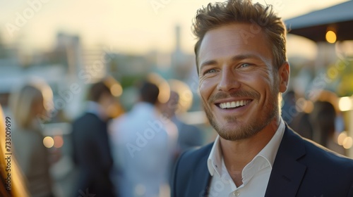 confident handsome businessman with a smile at a social event on a rooftop terrace