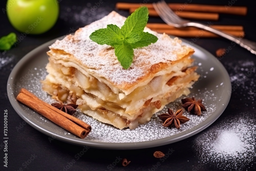 
Apple strudel cake with cinnamon, mint and raisins on light background, with sieve sprinkling sugar powder from above. austrian germany food