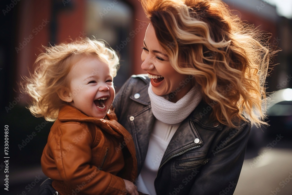 A child laughs with his fair-haired mother outside on a walk in autumn or spring A child laughs with his fair-haired mother outside on a walk in autumn or spring
