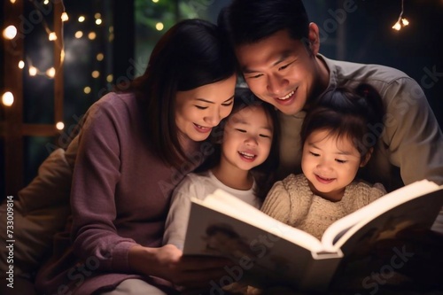 Asian family with father, mother and her daughter reading fairy tail story book on sofa at home together and pointing on the book looking it with happiness spending time together