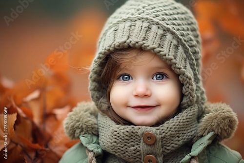 
Portrait of a child in an autumn leaf, a small child in a woolen hat, a beautiful child in a park outdoors, knitted clothes for the spring seasonn photo