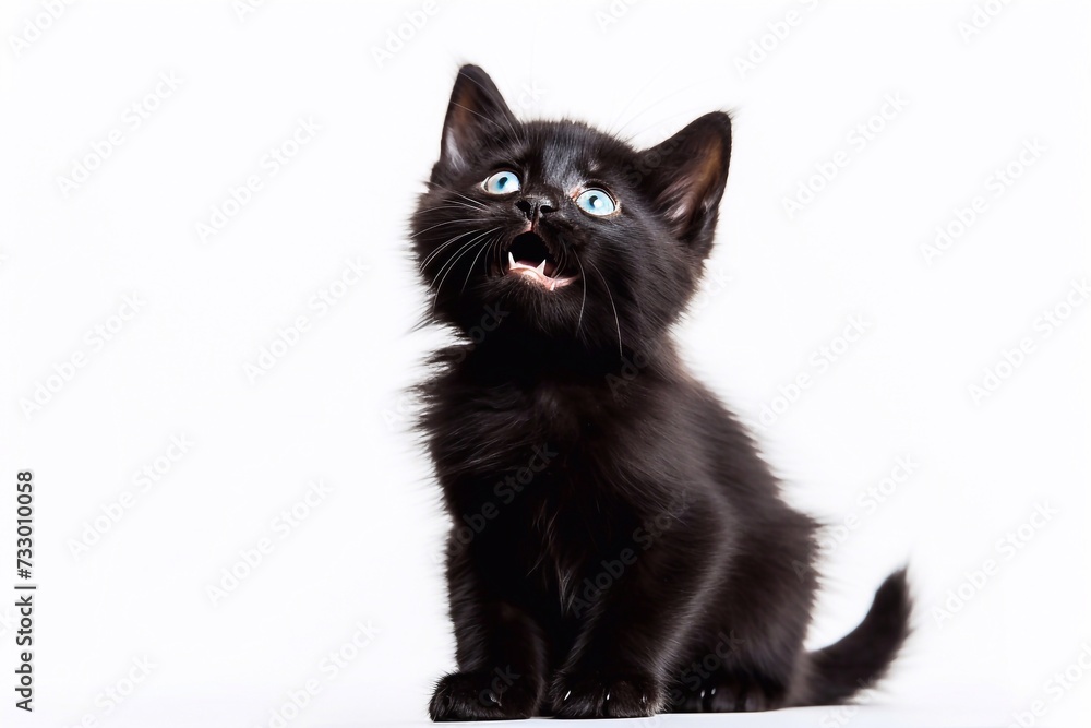 Black little kitten licking, sitting down on a white background Black little kitten licking, sitting down on a white background