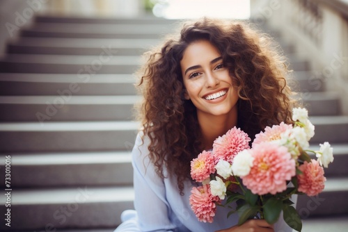 beautiful young woman smiling happy walking with flowers in city street sitting on stairs