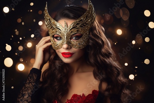 Beauty model woman wearing venetian masquerade carnival mask at party over holiday dark background with magic stars. Christmas and New Year celebration. Glamour lady