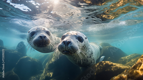 Seals swimming in crystal-clear water. © Muhammad