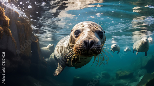 Seals swimming in crystal-clear water.