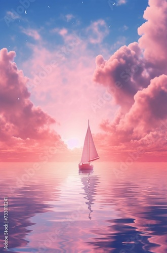 Idyllic scene of a sailboat in the distance, with a sunset sky in the background, AI-generated