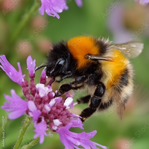 Closeup of a hairy bee perched on a purple flower, AI-generated.