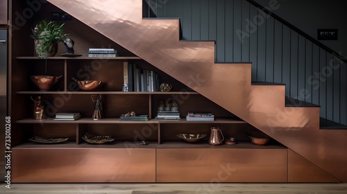 Copper-clad hidden storage drawers beneath staircase steps