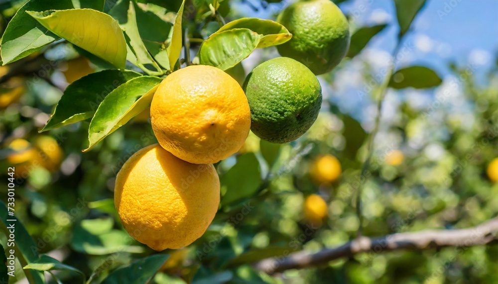 Close-up of fresh lemons and limes on branch. Ripe citrus fruits.