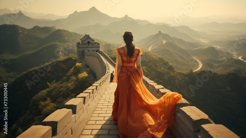 Chinese lady Mandarin gown Sceneric background China Great Wall photo
