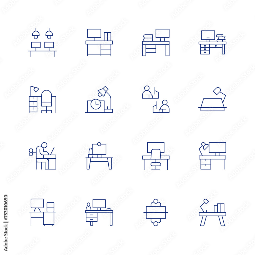 Workspace line icon set on transparent background with editable stroke. Containing coworkingspace, office, workaholic, desk, workplace, workspace, working, deskarrangement.