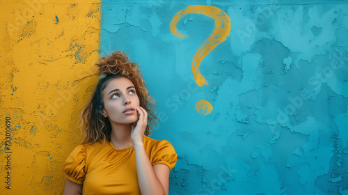 Eine junge Frau steht vor einer gelb und blauen Wand sie überlegt oder denkt nach und sieht ein Fragezeichen an der Wand