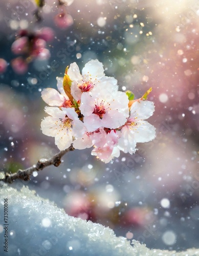 Cherry Blossom Blooming through the Last days of Winter - Announcement of Spring - Frozen or Snowed on Sakura Flowers © Eggy