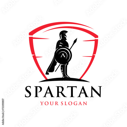 logo for spartan with shield, helmet and spear