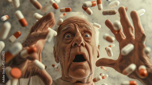 Alter Mann ist überfordert und ängstlich weil er mit Tabletten überschüttet wird und zeigt den Zustand des Gesundheitssystems photo