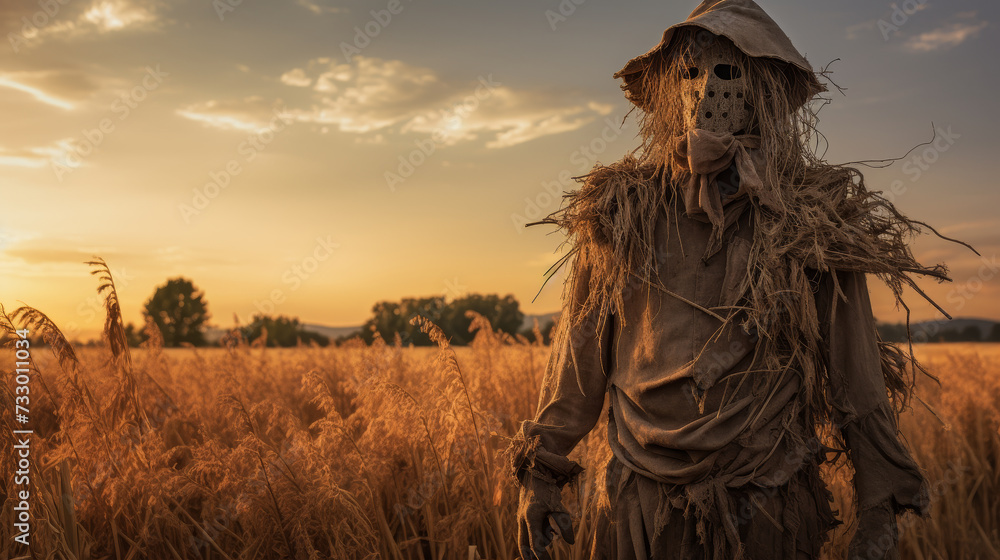 Fototapeta premium Harvest Guardian: Scarecrow Overlooking Farmland
