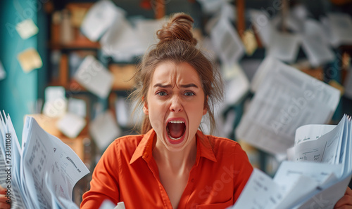 Pissed off woman office worker cluttered with paperwork shouting, theme or concept of a rush at work © Karol
