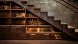 Bronze-clad hidden storage compartments under stairs with patina accents
