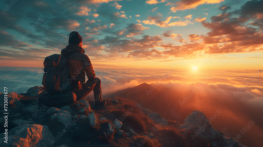 A man with a backpack sits on a mountain peak and watches the sun rise above the clouds. A man with a backpack sits on a mountain peak and watches the sun rise above the clouds.
