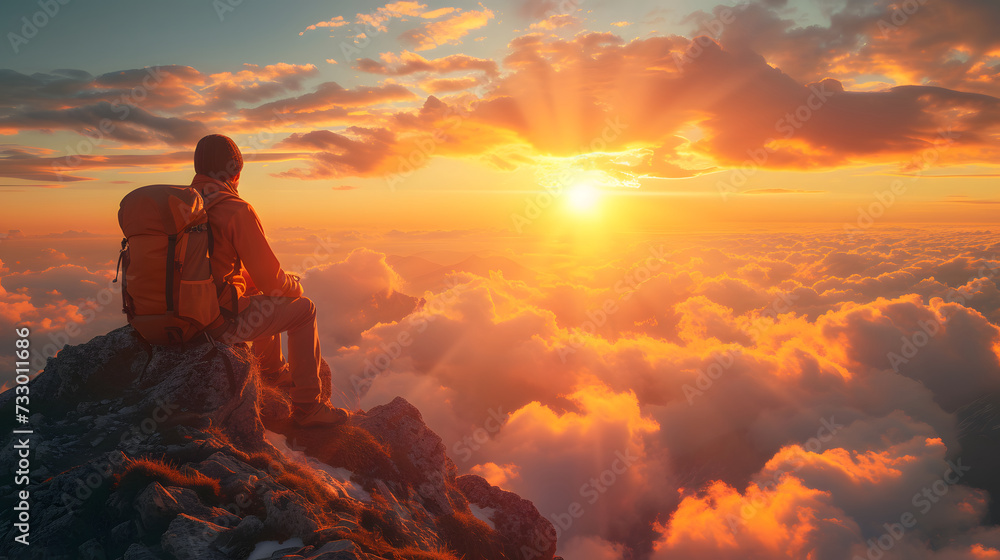 A man with a backpack sits on a mountain peak and watches the sun rise above the clouds.