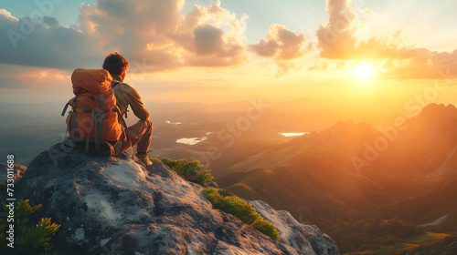 A man with a backpack sits on a mountain peak and watches the sun rise above the clouds. © wing