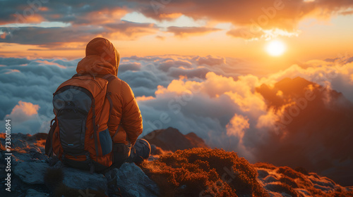 A man with a backpack sits on a mountain peak and watches the sun rise above the clouds.