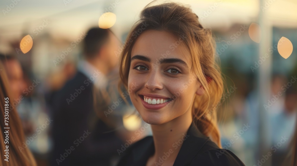 confident businesswoman with a smile at a social event on a rooftop terrace confident businesswoman with a smile at a social event on a rooftop terrace