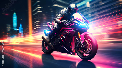 Racing motorcycle on speedway in a night city, with neon lights.