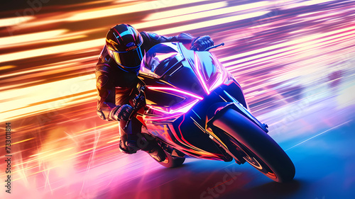 Racing motorcycle on speedway in a night city, with neon lights. © Radala