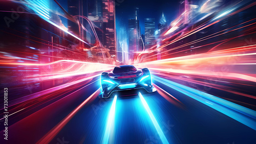 Futuristic supercar moving on high way in a night city, with neon lights.