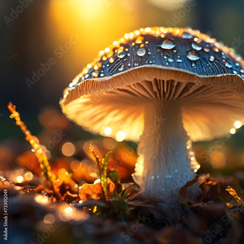 Dark brown mushroom with a sunrise in the background, dew drops on the cap, sunlight and grass.