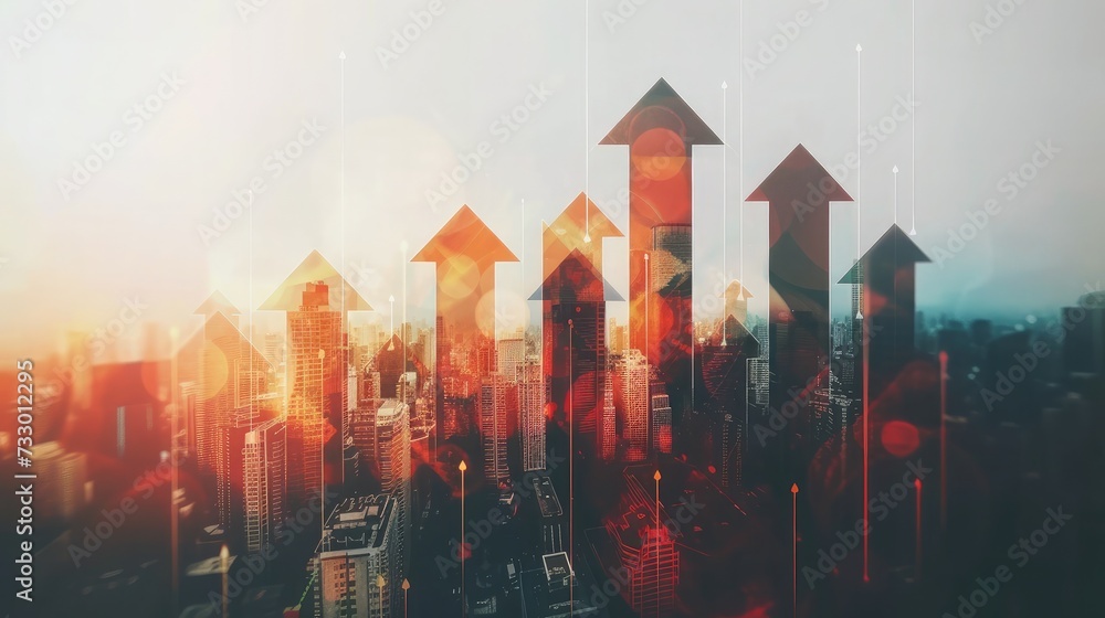 Abstract city with upward arrows and daylight. Double exposure. Finance concept - obrazy, fototapety, plakaty 
