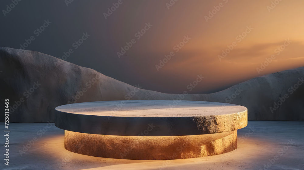 Fototapeta premium A premium concrete circular platform podium with stairs on a dark foggy mountain.