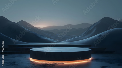 A premium concrete circular platform podium with stairs on a dark foggy mountain.