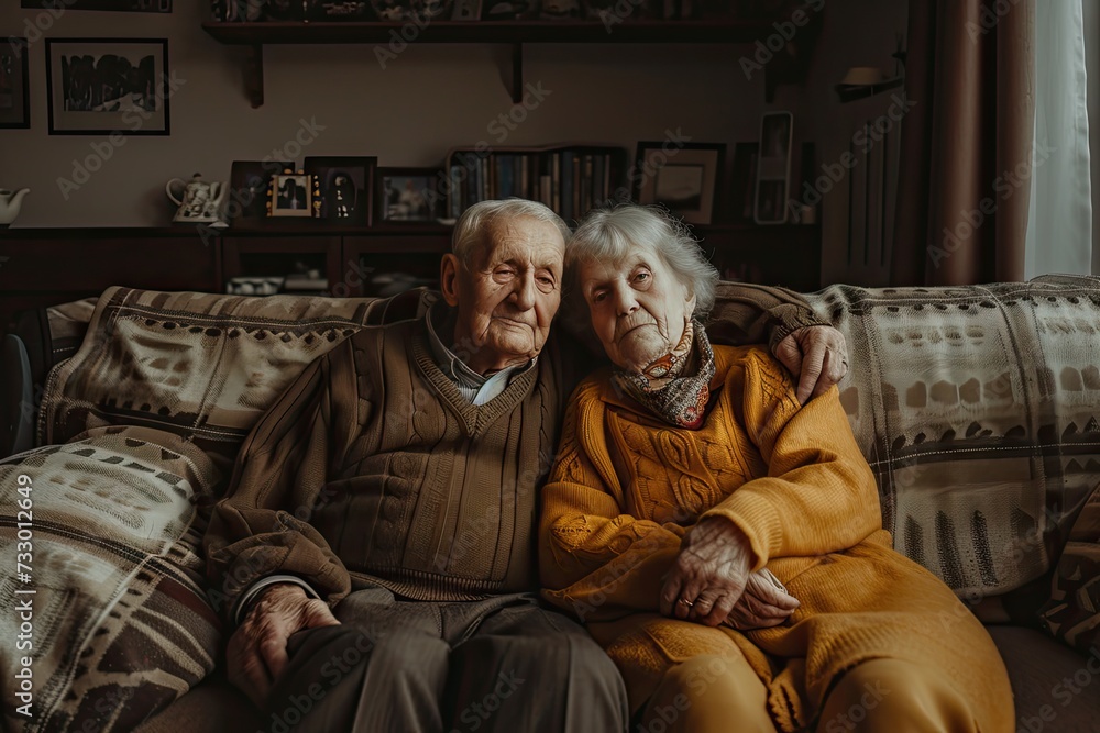 Tender and intimate portrait of elderly couple sharing moment of togetherness as sit side by side on sofa in comfort of home aged faces marked by time reflect deep bond forged through years of love