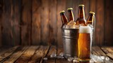 cold bottles of beer in bucket with ice on wooden table